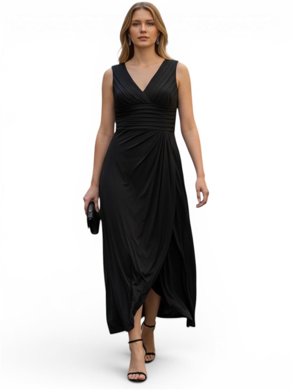 Jones NY Classic V-Neck Black Maxi Wedding Evening Formal Dress Sz 10 EUC - Picture 1 of 14